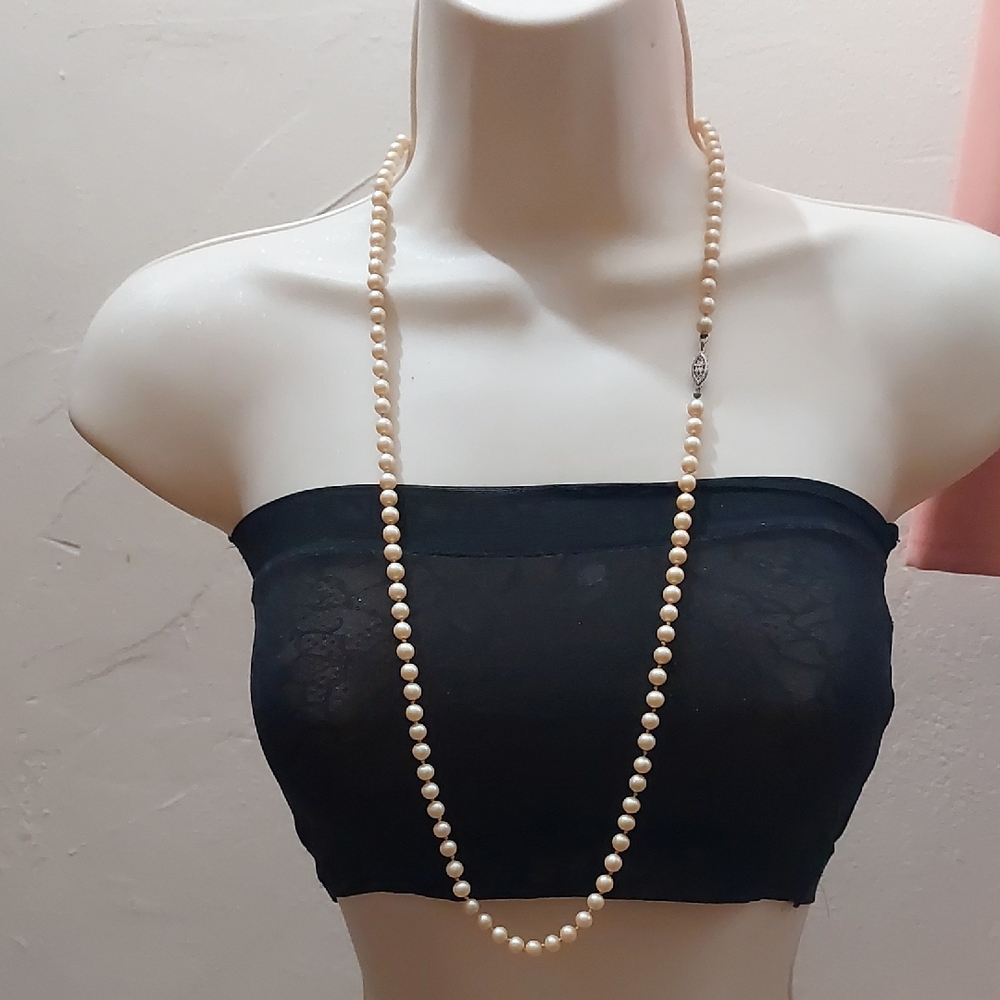 Vintage Hand Knotted Faux Pearl Bead Necklace Sterling Fish Hook Box Clasp